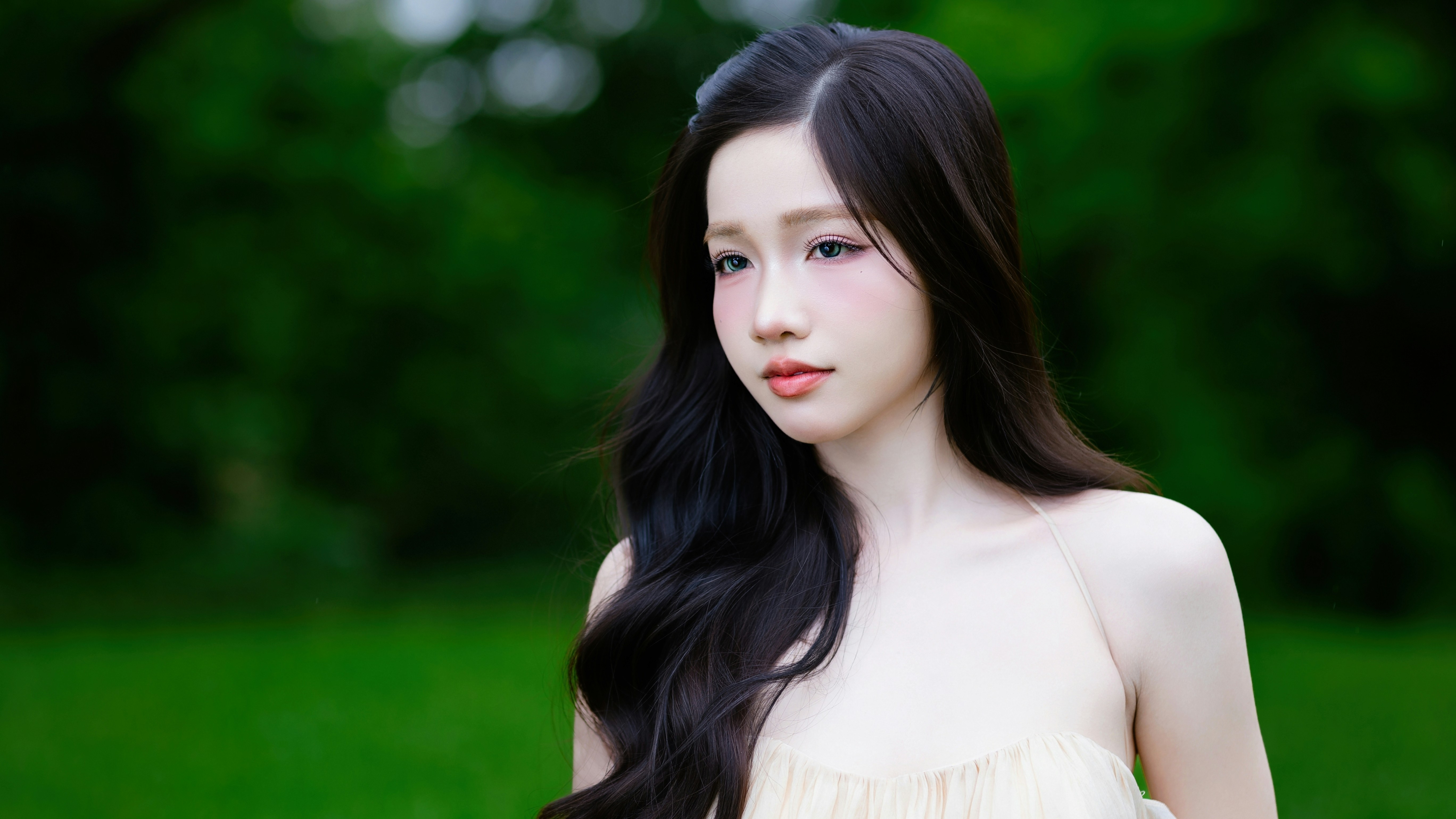 Elegant portrait of a young woman holding a bouquet of hydrangeas in a green garden. Natural light photography, soft tones, spring vibes.